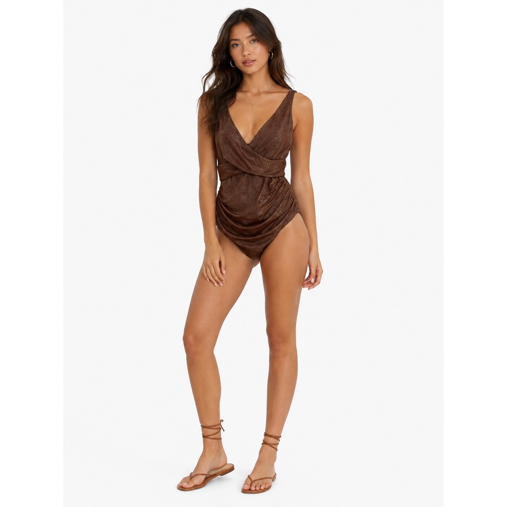 Yukari Swim One Piece Swimsuit Womens Large Bronze Metallic Ruched Shimmer Glam